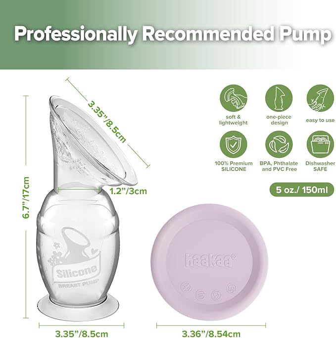 haakaa Manual Breast Pump & Silicone Cap Combo for Nursing Mom (Lavender, 5oz. with Base)