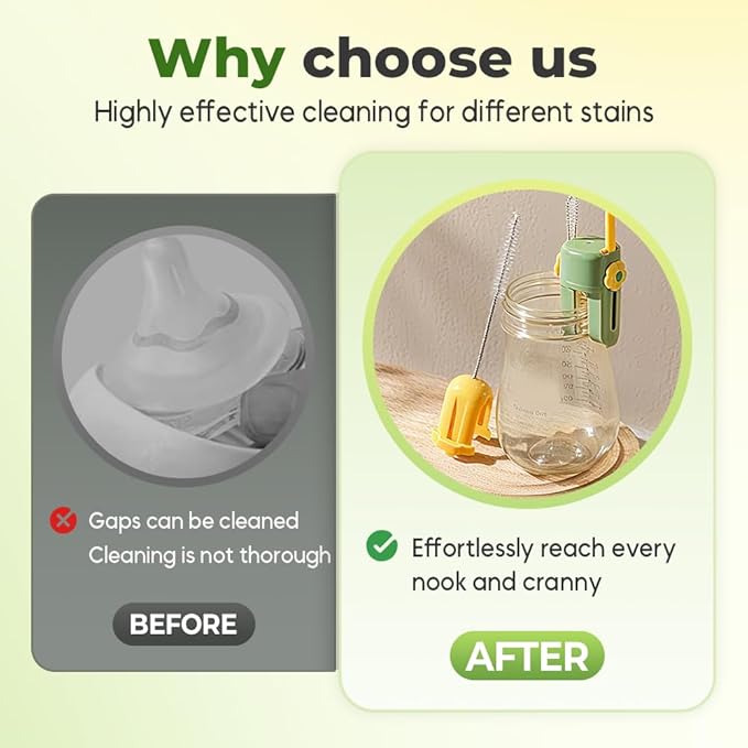 5 in 1 Bottle Cleaning Brush Set, 2025 Multifunctional Lid Brush Cleaning Tool Kitchen, Portable Long Handle Bottles Scrubber for Cup Lids, Hard Bristle Sponge Head Bottle Brushes (Green and White)