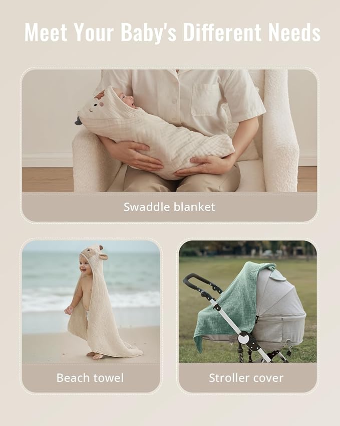 Blissful Diary Muslin Baby Hooded Towel 1 Pack, Soft & Absorbent Bath Towel for Infant, Toddler, Unisex, Baby Gift, Newborn Essentials, Gentle Lamb