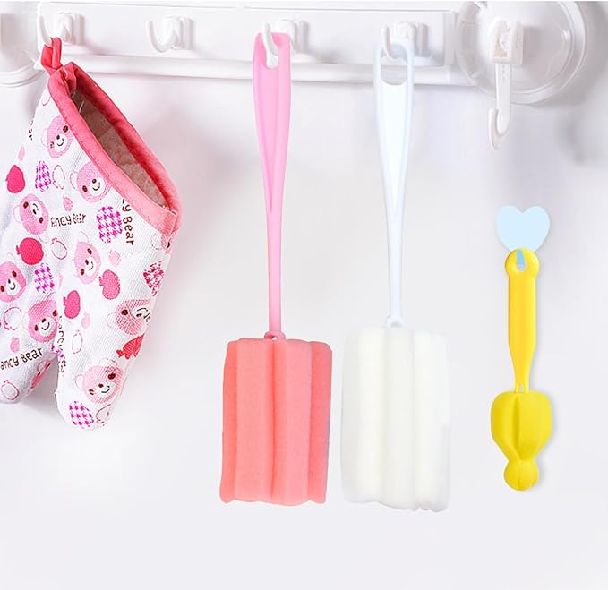 8PCS Bottle Brush Sponge Nipple Brushes Long Handle Cup Cleaner Brush for Baby Bottle Glasswares Mugs Cups Kitchen Clean (4 Bottle Brushes + 4 Nipple Brushes)