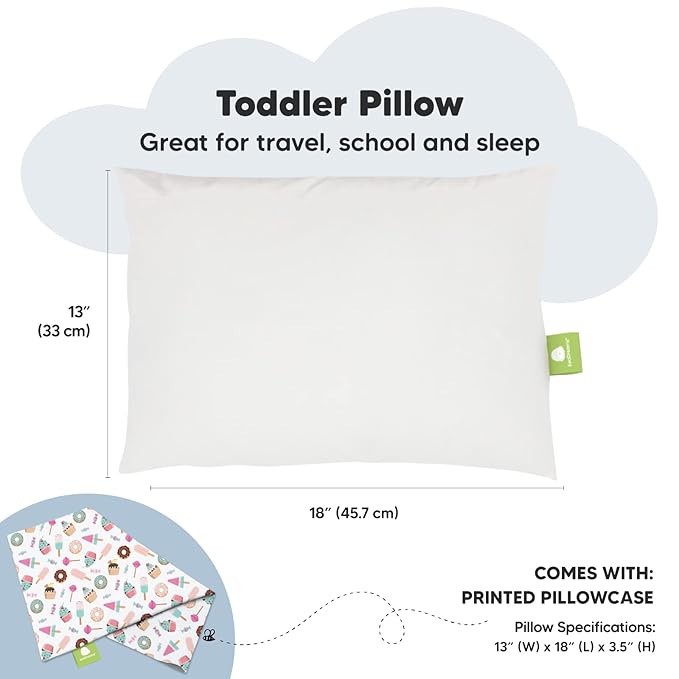 Toddler Pillow with Pillowcase - 13x18 My Little Dreamy Kids Travel Bed Pillows for Sleeping, Organic Cotton Small Pillowcase, Soft & Breathable, Machine Washable, Toddlers 2-5 years old (Sweet Tooth)