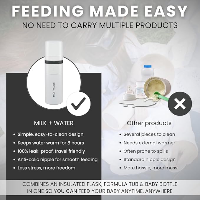 MILK & WATER All in One Baby Bottle & Baby Formula Dispenser On The Go, 9oz - Keeps Water Warm & Formula Fresh - Baby Formula Mixing Bottle with Anti Colic Nipple - Leak-Proof - 3+ Months (White)