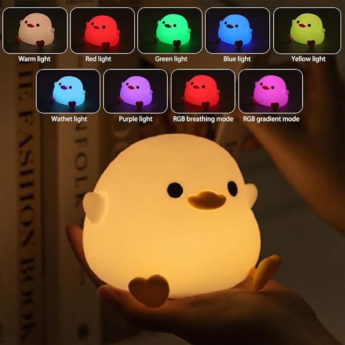 DoDo Duck Night Light, LED Cute Silicone Dimmable Nursery Lamp, Rechargeable USB-C Bedside Touch Sensor Lamp, RGB & Warm White Light for Kids, Bedrooms, Dorm Decor, and Gift Ideas(Charging)