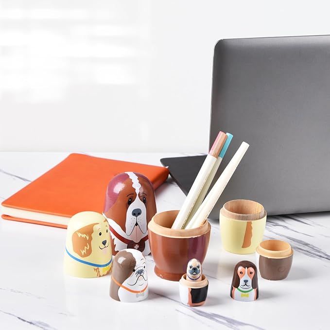 Nesting Dolls, 5Pcs 6" Tall Russian Nesting Dolls, Handmade Matryoshka for Kids, Wooden Stacking Toys for Christmas Home Wedding Party Decorations (Dog)