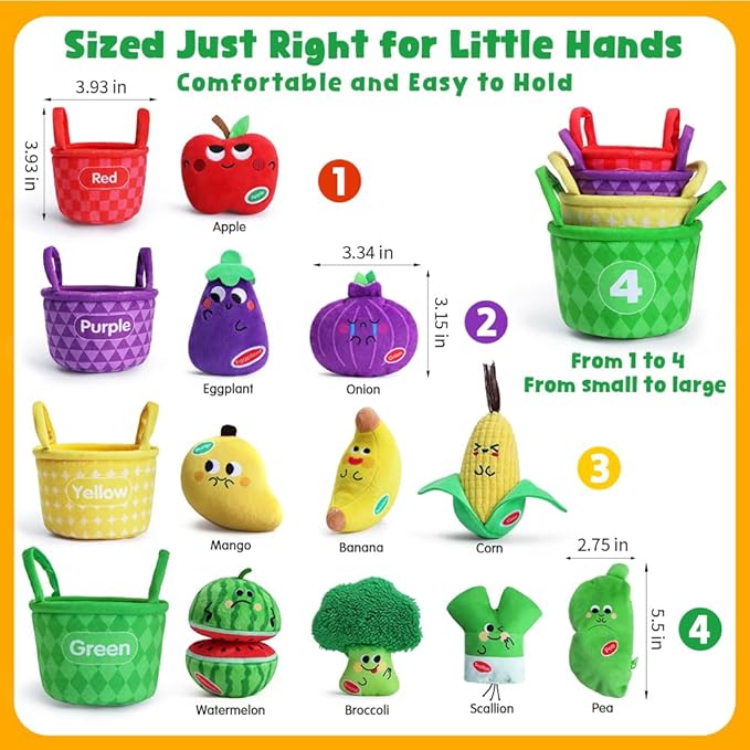 My First Fruit Vegetable Basket, 10 PCS Play Food for Toddler with Sorting Basket, Shapes Sensory Bean Bags, Baby Sensory Toys, Sorting Matching Playset, Soft Plush Stuffed Toys with Crinkle, Rattle
