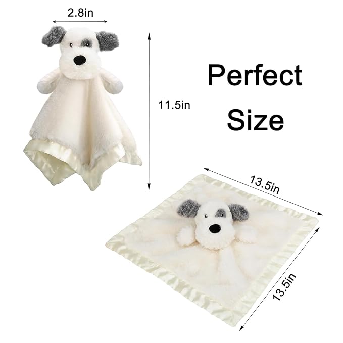 Dog Baby Security Blanket Soft Unisex Lovey Stuffed Animal with Satin Backing for Toddler Infant Newborn Boys and Girls, Lovely Puppy Snuggle Toy, White 13.5 Inch
