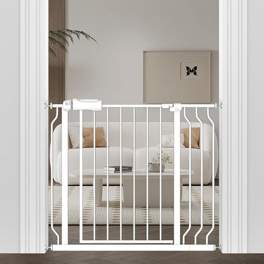 WAOWAO Baby Gate 33.86-38.55" Extra Wide Pressure Mounted Walk Through Swing Auto Close Safety White Metal Toddler Kids Child Dog Pet Puppy for Stairs,Doorways,Kitchen