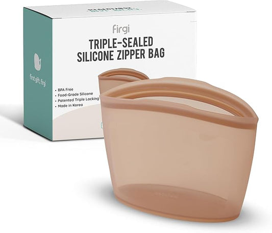 Premium Platinum Silicone Reusable Food Storage Bag 3.6 Cup (29 fl oz), Airtight Zip Lock Bags for Food, BPA-Free Silicone Freezer Bags, Microwave Safe Sous Vide Container, Taupe Brown