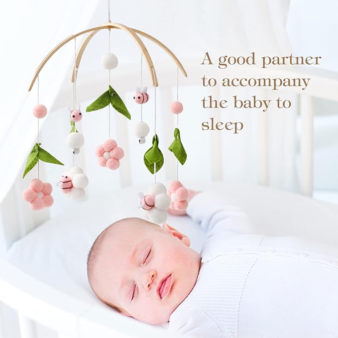 OESSUF Baby Mobile for Crib, Crib Nursery Mobile for Boys Girls, Boho Bee Flower Nursery Decor Soothe Toy Baby Shower Set for Infant Bedroom Hanging Decoration Toy, Pink