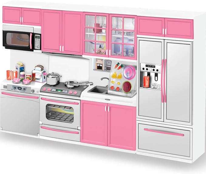 Doll Kitchen Playset for Kids, My Modern Mini Kitchen House Furniture Pretend Play Toy Accessories Set with Realistic Lights & Sounds for Toddlers, Girls (4-in-1)