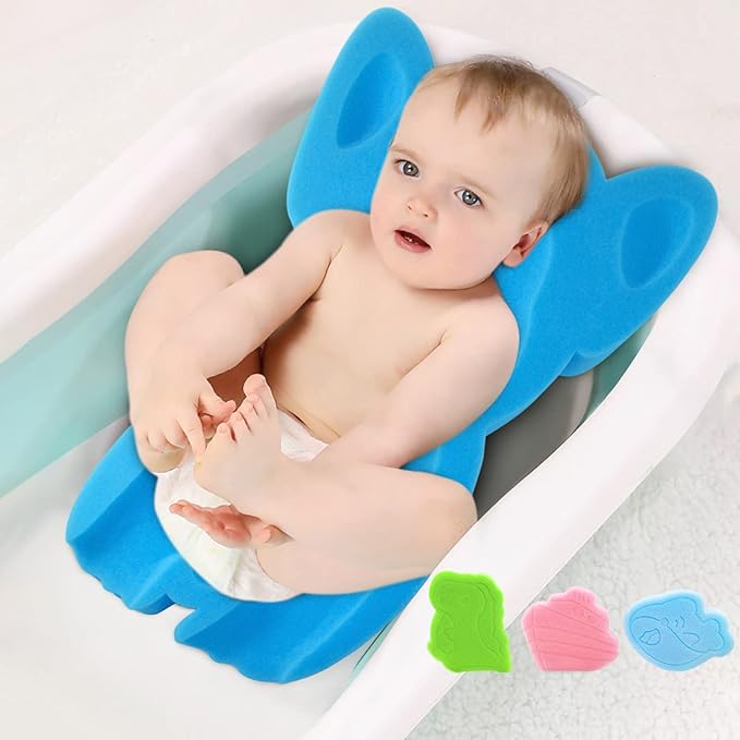 Soft Infant Bath Sponge Elephant Baby Bath Mat Newborn Comfy Foam Skid-Proof Cushion (Blue 1Set)