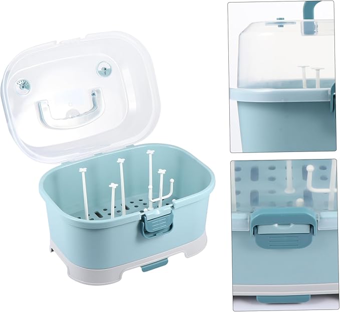 NUOBESTY Baby Bottle Drying Rack with Cover Portable Nursing Bottle Storage Box Baby Bottle Holder Dinnerware Organizer for Home Kitchen Blue