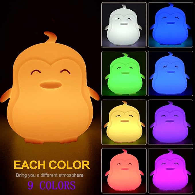 Large Penguin Night Lights for Babies Bedroom Light, lamp Kids, Toddler Nursery lamp Soft Decorative Lamps - Break Resistant, Eye Caring, Adjustable Brightness & Color, Time Setting - Large