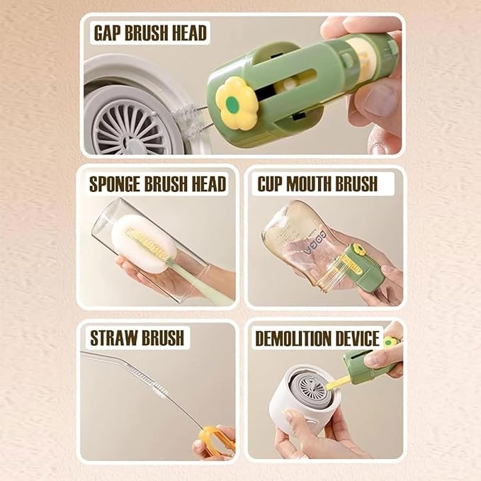 5-in-1 Bottle Cleaning Brush Set, 2026 New Multifunctional Baby Bottle Brush with Long Handle, Gap Cleaner & Scrubber for Water Bottle Lid, Straw, Travel Mugs and Home Kitchen Use (Yellow)