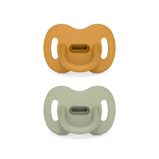 Color Essence SX PRO Silicone Baby Pacifier 2Pk, Made with 100% Soft Silicone, Baby Essentials Perfect for Breastfeeding Babies, Designed in Spain, 0-6 Mths, Mustard/Green