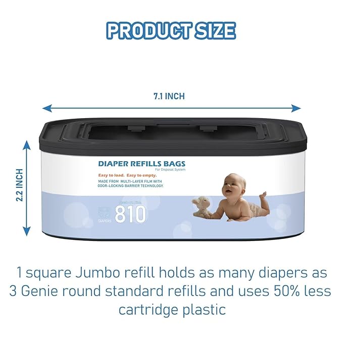 2 Packs Jumbo Square Refills Disposal Bags Refill Compatible with Diaper Genie Compact and Select Pails (Not Fit Classic Version Pails), Hold Up to 810 Newborn-Sized Diapers Per Refill