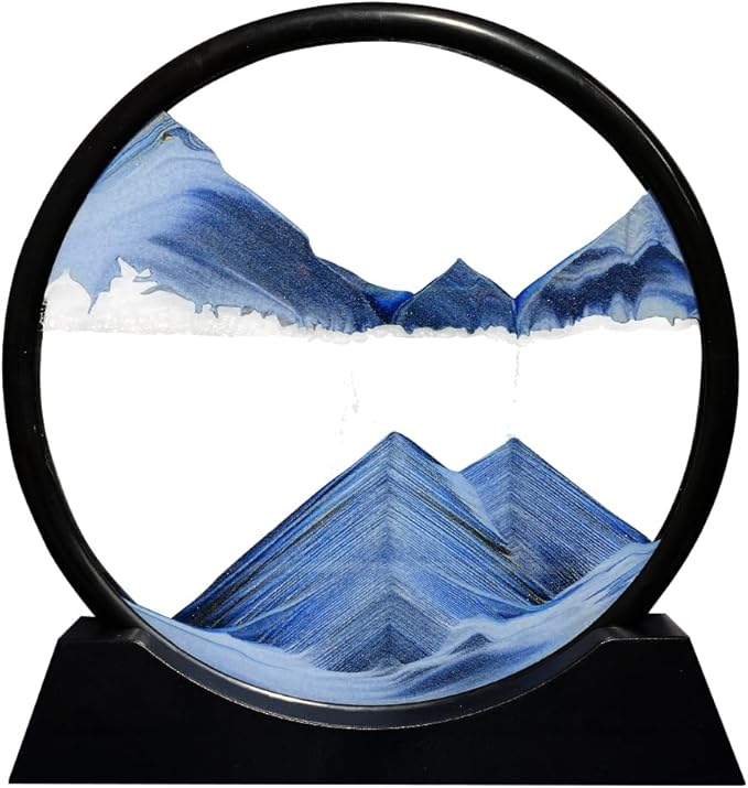 Aoderun Moving Sand Art Picture Round Glass 3D Deep Sea Sandscape in Motion Display Flowing Sand Frame Relaxing Desktop Home Office Work Decor (12", New Blue)
