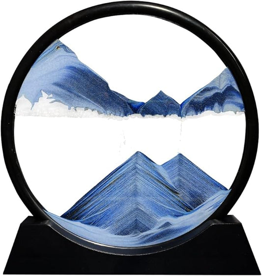 Aoderun Moving Sand Art Picture Round Glass 3D Deep Sea Sandscape in Motion Display Flowing Sand Frame Relaxing Desktop Home Office Work Decor (12", New Blue)
