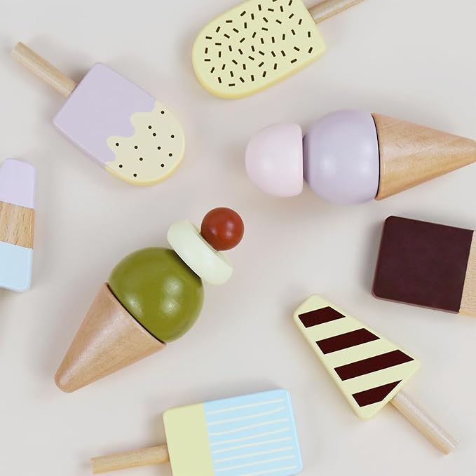 Wooden Ice Cream Play Set for Kids – 24 PCS Pretend Ice Cream Toy Counter with Cones, Popsicles, Toppings, Sauces & Spoons – Wooden Play Food Toys, Role Kitchen Accessories for Toddlers 3-5
