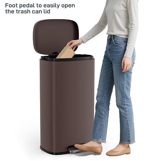 Arlopu 8 Gallon Step Trash Can, Stainless Steel Garbage Bin, Soft-Close Rubbish Bin with Removable Plastic Inner Bucket, Fingerprint-Proof, Lid Dustbin, Suit for Kitchen Home (Brown, 30L)