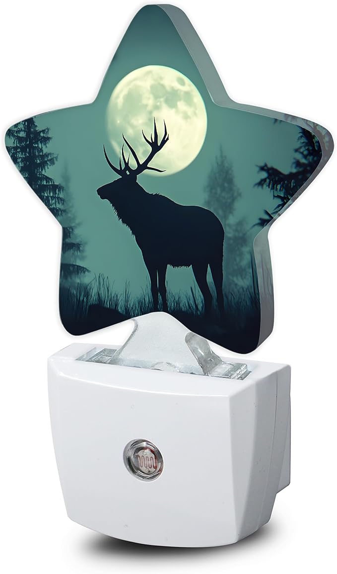 Night Light,Forest Deer Plug into Wall with Dusk to Dawn Light Sensors,Moon Misty Mountains Warm Star Nightlights for Bedroom,Bathroom,Hallway,Kitchen Home Decor Desk Lamp