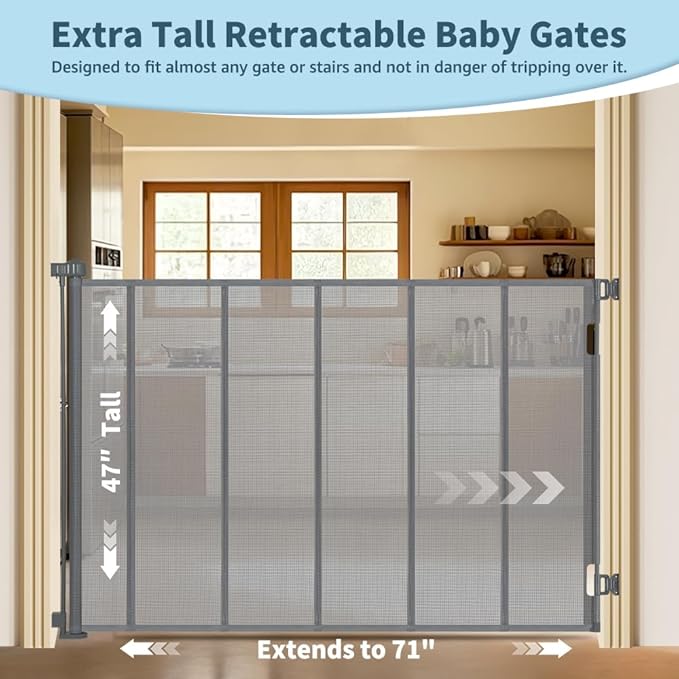 47” Extra Tall Retractable Baby Gate, Reinforced Mesh Dog Gate Extends to 71" Wide, Baby Gate for Stairs, Doorways, Hallways, Indoor and Outdoor, Grey