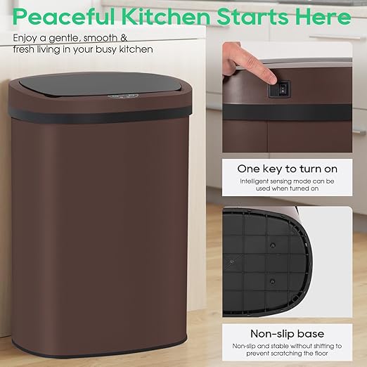 BestOffice | 13 Gallon Stainless Steel Trash Can with Lid | Brown | Automatic Touchless Garbage Can | Odor Control | Modern Oval Design | Easy to Clean | Fits Any Kitchen, Bathroom, Office or Home