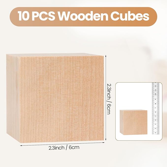 Barydat 10 Pcs 2.36 in Wooden Cubes, Unfinished Wooden Blocks for Crafting Natural Craft Wood Square Blank Cube for DIY Project Baby Showers