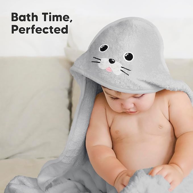 KeaBabies Hooded Baby Towel for Newborn - Viscose Derived from Bamboo Large Baby Bath Towels with Hood for Boys, Girls, Toddler, Extra Absorbent & Soft Newborn Bath Essentials (Seal, Regular)