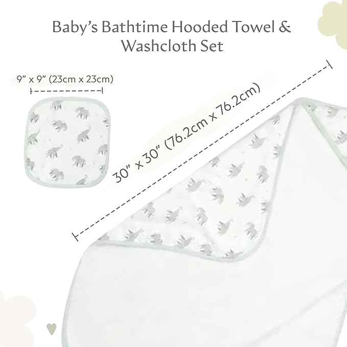Bamboo Viscose Baby Hooded Towel & Washcloth Set for Babies and Toddlers, Soft & Absorbent, 70% Viscose from Bamboo, 30% Cotton Muslin - Imported (Elephant)