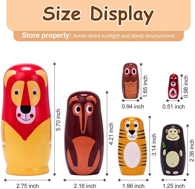 Russian Nesting Dolls, 6 Pcs 6 "Tall Animal Nesting Easter Eggs Toys, Stacking Wooden Handmade Matryoshka Dolls for Kids Toddlers Birthday or Home Decoration Gift (Long Lion)