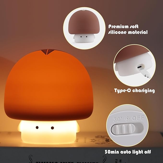 YISUN Mushroom Night Light, Cute Silicone Nightlight for Baby Toddler, Rechargeable LED Nursery Lamp with Timer, 3 Level Dimmable Soft Squishy Night Lamp Gift for Bedroom Kids Room Decor