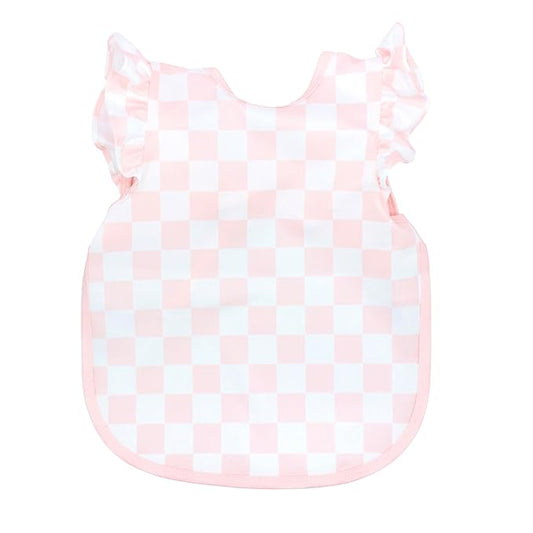 BapronBaby Pink Flutter Checkerboard Bapron - No Neck Tie Safer Bib for Baby & Toddler - Soft Waterproof Stain Resistant - Machine Washable - Sz Baby/Toddler 6m-3T