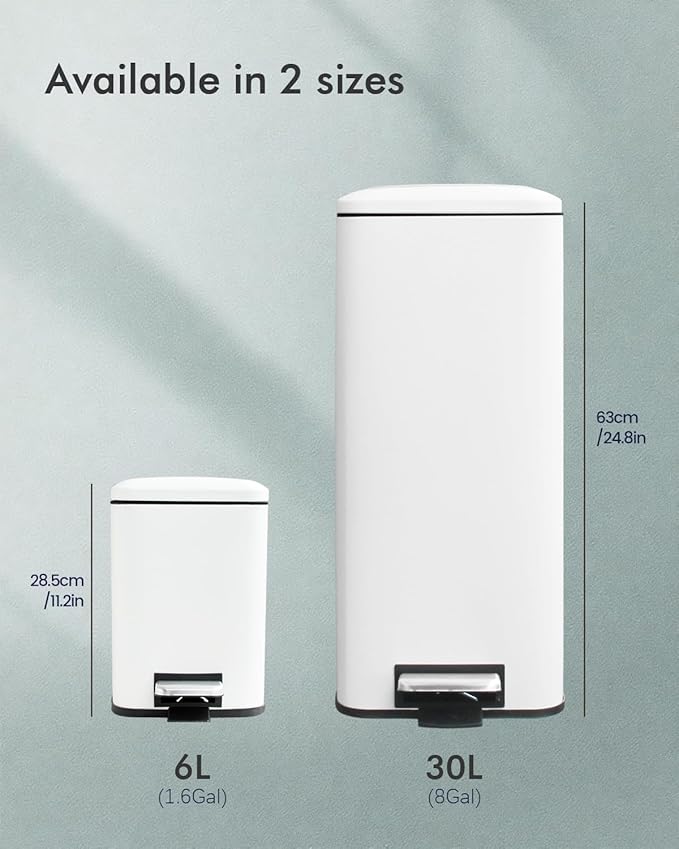 Bathroom Trash Can with Lid, 6 Liter / 1.6 Gallon Small Trash Can with Removable Liner Bucket, Soft Close lid & Step Pedal, White Stainless Steel Garbage Can for Bedroom, Office