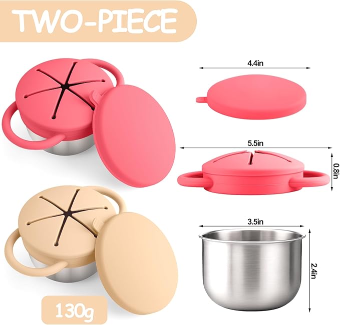 2-Pack Stainless Steel Snack Containers for Kids with Spill-Proof Silicone Lids & Handles - 3-in-1 Baby Snack Cups, No-Spill Toddler Snack Box, Perfect for On-the-Go Healthy Eating（Yellow+Red）