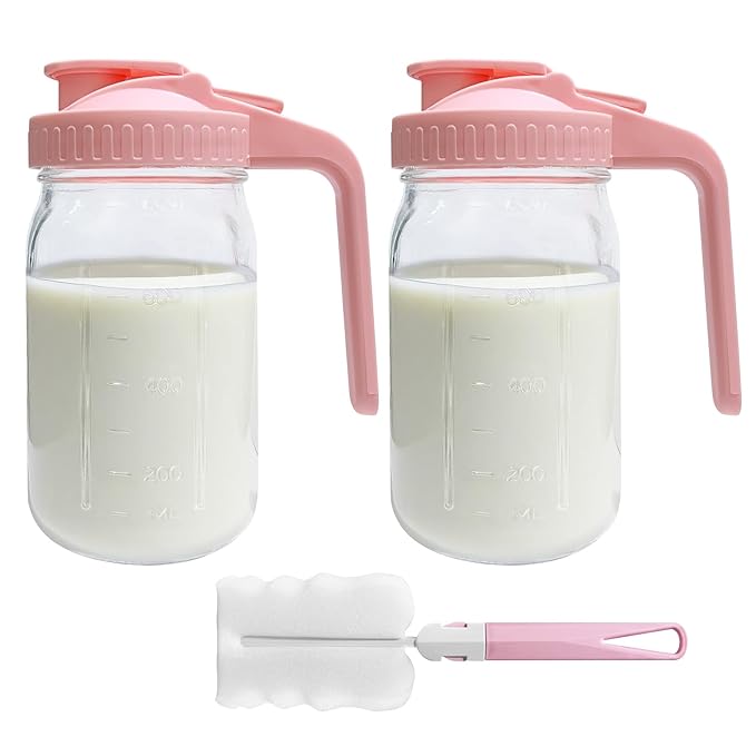 2 PACK Breast Milk Pitcher 32OZ Glass Breastmilk Pitcher with Lids Leak-proof Wide-mouth Mason Jar for Breastmilk, Resistant to Heat or Cold, Freezer-safe(Pink)