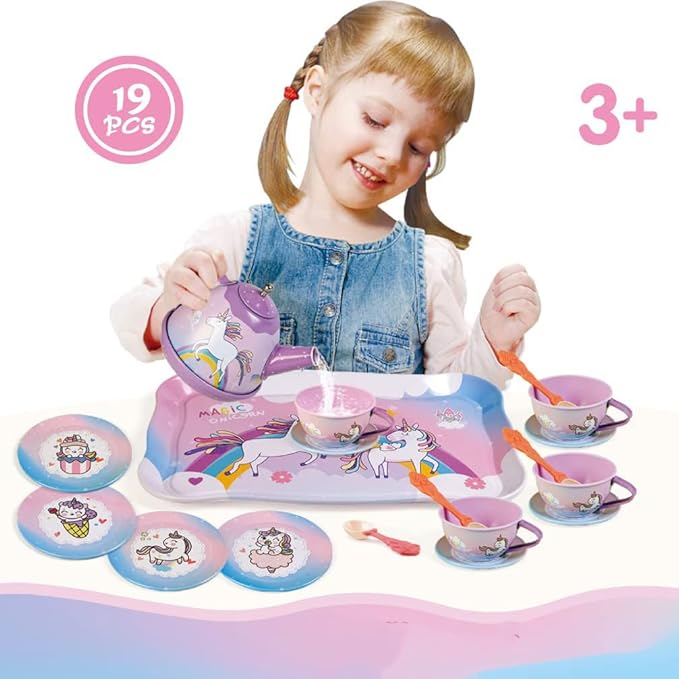 19Pcs Unicorn Tea Party Set – Birthday Gift for Girls Ages 3-6, Princess Pretend Play Kitchen Toy with Tin Tea Set