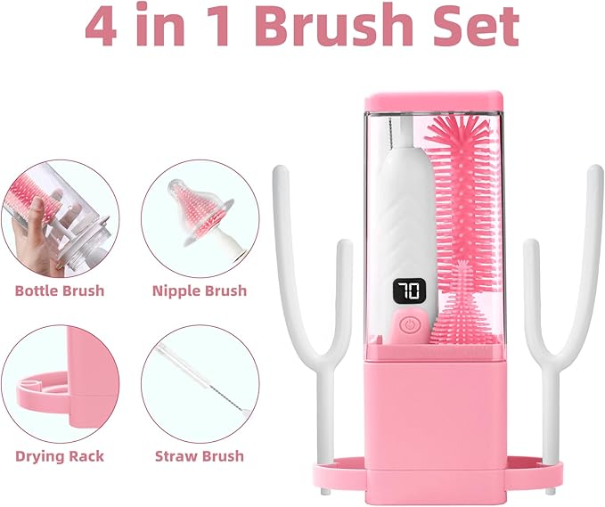 Electric Bottle Brush Cleaner,Electric Baby Bottle Brush Cleaner, Baby Bottle Washer,8 in 1Automatic Bottle Cleaner Brush Set (Pink)