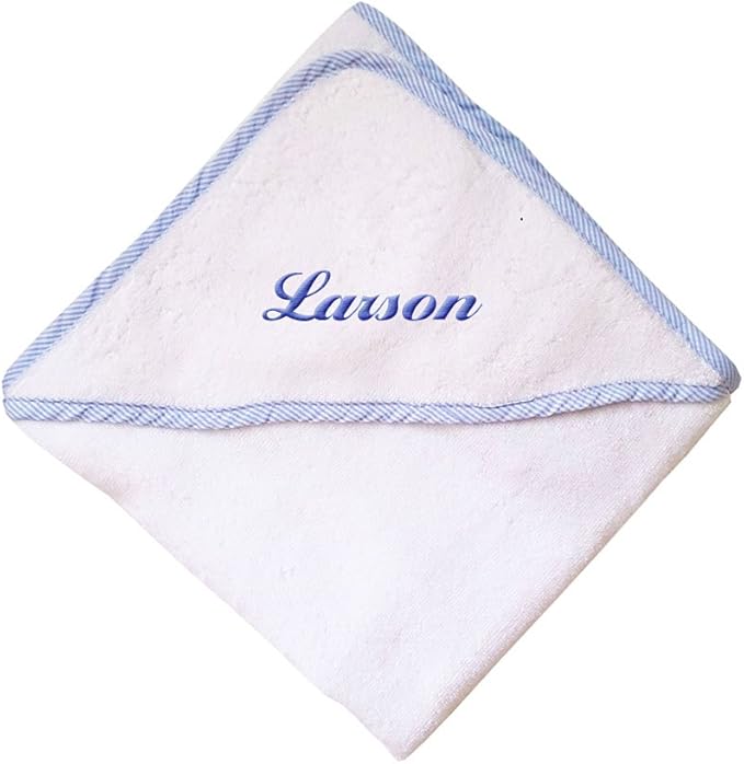 Custom Personalized Embroidered Cotton White w/Blue Bath Baby Hooded Towel