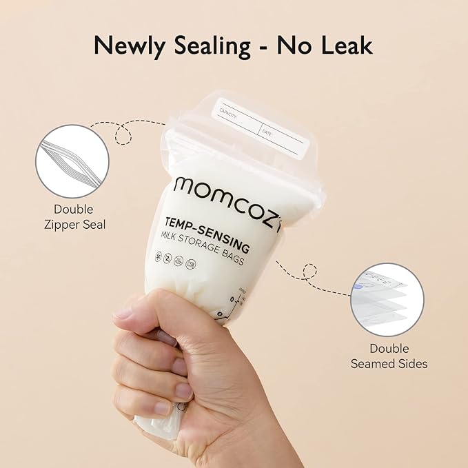 Momcozy Breastmilk Storing Bags, Temp-Sensing Discoloration Milk Storing Bags for Breastfeeding, Disposable Milk Storage Bag with 6 Ounce Self Standing, No-Leak Milk Freezer Storage Pouches, 50pcs