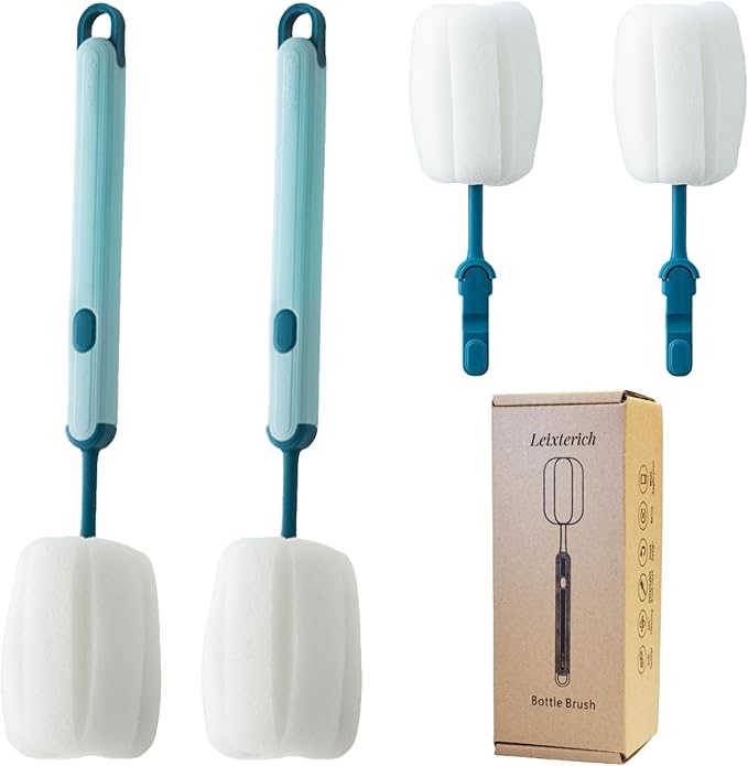 Bottle Brush Long Handle Cup Cleaner Brush Sponge Bottle Scrubber Detachable Handle Portable Sponge Cleaning Brush for Cups Wine Glasses Water Bottles Baby Bottles and Vacuum Flasks (Blue)