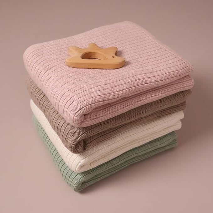 Knitted Organic Cotton Baby Blanket- Swaddle Blanket, 30" x 40" Soft Receiving Blanket for Newborn (Ribbed-Blush)
