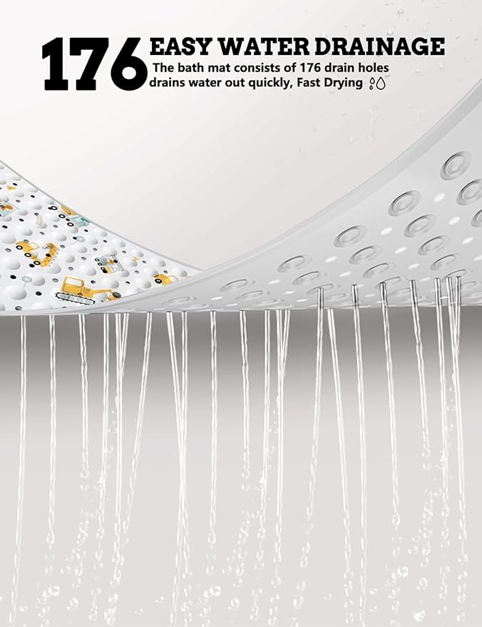 LNOND Baby Bath Mat Non Slip,Kids Bath Mat for Bathroom,Dinosaurs Driving Excavator Shower Mat with Drain Holes and Suction Cups,40 X 16 Inch