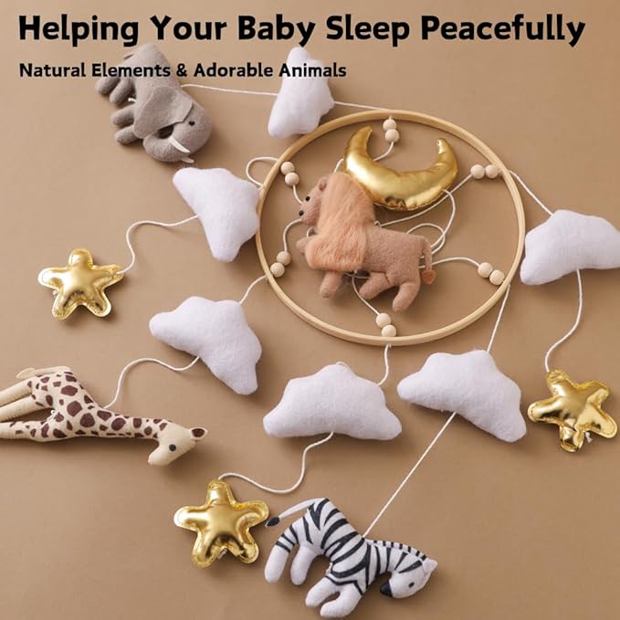 GOODMOM Nursery Mobile for Boys & Girls – Handmade Felt Animals Baby Crib Mobile with Bells – Savanna Theme Baby Nursery Decor – Creative Bassinet Mobile Gift for Newborns (Golden Dream)