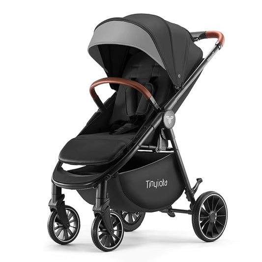 Tinyiota Baby Stroller for Kids,Toddler Stroller with Large UPF 50+ Canopy,Luxury Strollers with Leather Handle & Spacious Seat, One-Hand Foldable Pushchair,Baby Carriage with Lie-Flat Mode(Black)
