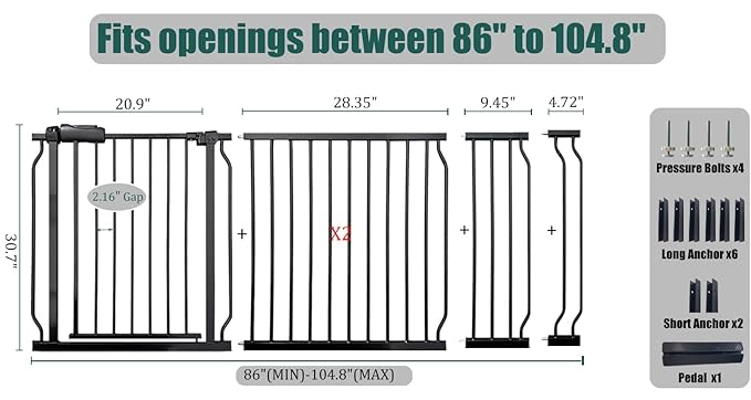 85.8-105 Inch Extra Wide Baby Gate, Pressure Mounted No Drill, Extra Wide Safety Gate for Large Entries, Black Metal with Extension Kit