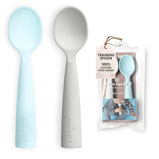 Miniware Silicone Baby Spoon for Training - BPA Free Baby Utensils - Baby Spoons Self Feeding 6 Months | 100% Food Grade Silicone - Modern & Dishwasher Safe Toddler Spoons (Grey and Aqua)