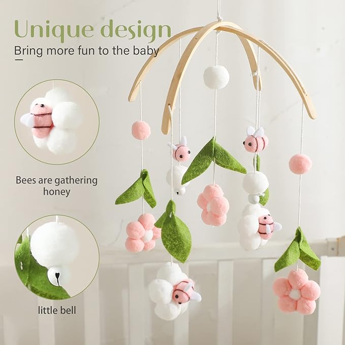 OESSUF Baby Mobile for Crib, Crib Nursery Mobile for Boys Girls, Boho Bee Flower Nursery Decor Soothe Toy Baby Shower Set for Infant Bedroom Hanging Decoration Toy, Pink