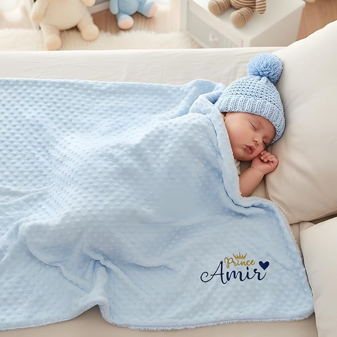 Bella's Giftshop Personalized Baby Blankets for Boys, Custom Embroidered Minky Fleece Baby Blanket with Name, Perfect Newborn Shower Christening Birthday Gifts, Ultra Soft, 27 * 35 inch-Blue