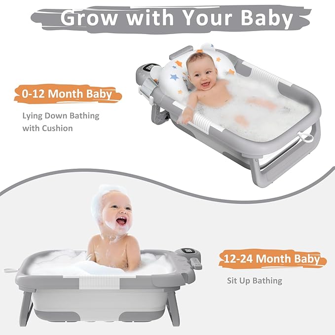 Collapsible Baby Bath Tub for Newborn to Toddler with Floating Cushion for Bath Support, Portable Baby Bath Tub with Real-Time Temperature Monitor, Baby Bath Essentials, Gray